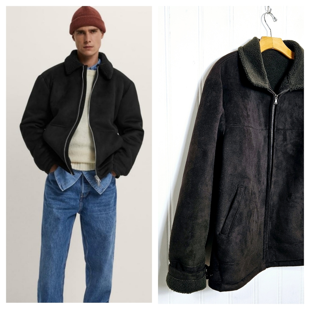 Zara Men's Jacket L Double Faced Faux Suede Shearling Lined Aviator Brown Winter
